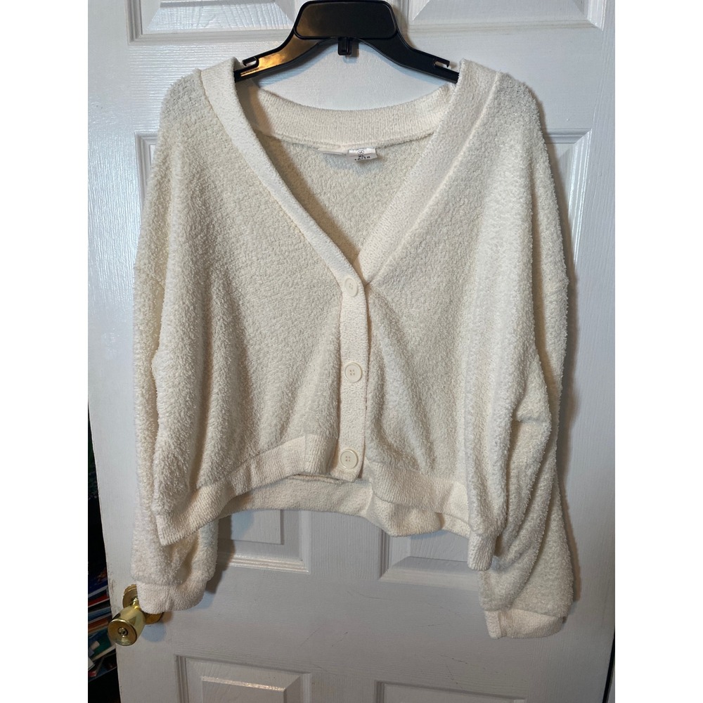 Serra Womens XL 16/18 Cream Fuzzy Knit Cropped Cardigan Sweater V-Neck Cream